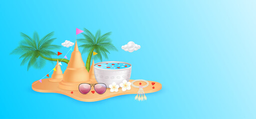 Songkran festival. Thailand traditional new year. Rose petals in bowl, frangipani flower and calotropis garland. Sand pagoda on sandy ground with coconut tree. Banner for travel ads. 3D vector.