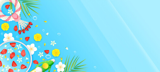 Naklejka na ściany i meble Songkran festival. Thailand traditional new year. Marigold rose petals in bowl and Jasmine garland with water gun green on blue background. Copy space for text. Banner travel ads. Realistic 3D Vector.