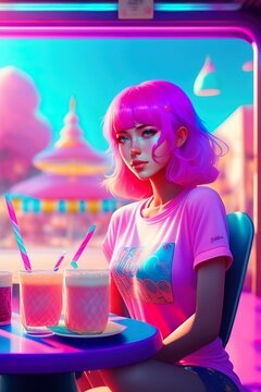 Cute girl pretty pink purple and blue hair in a cafe