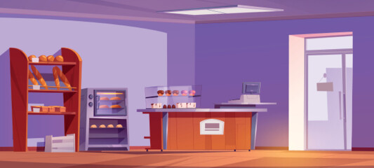 Empty bakery shop interior with furniture and pastry. Vector cartoon illustration of confectionery with muffins, cakes, fresh bread on showcase shelves and baking in oven, counter desk. Small business