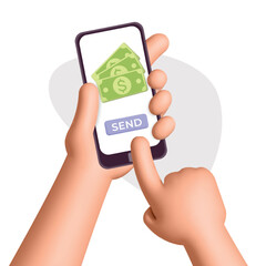 3d vector man hands hold smartphone and transfer dollar money with mobile app service design illustration