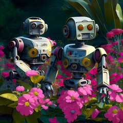 Cute robots in love during valentines day, Generative AI