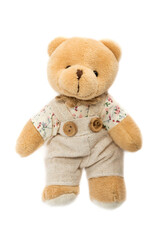 Cute teddy bear in clothes on a white background