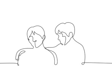 man hugging friend's shoulders - one line drawing vector. emotional support concept, male friendship, skinship