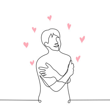 recommend clip art: man hugging himself surrounded by floating little hearts - one line drawing vector. concept of self love, narcissistic disorder