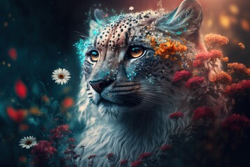 Fototapeta na wymiar Mythical white fur spotted leopard; elusive and rarely seen ancient forest guardian and protector, stealthy and perfectly camouflaged. Piercing gaze with regal posture - generative AI illustration.