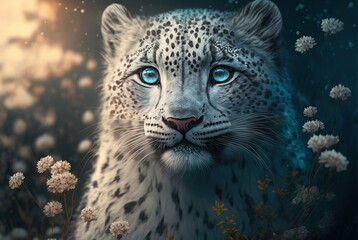 Mythical white fur spotted leopard; elusive and rarely seen ancient forest guardian and protector, stealthy and perfectly camouflaged. Piercing gaze with regal posture - generative AI illustration.