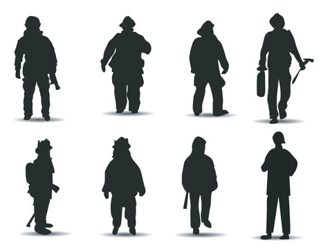 vector set of fireman sillhouette with diferent style isolated on white background