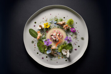 Top-View of a Gourmet Plate: Ceviche and Fresh Vegetables in Perfect Harmony
