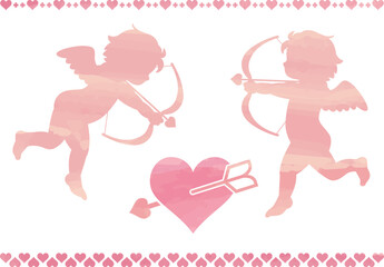 キューピッドのシルエットとハートのパーツセット ピンク