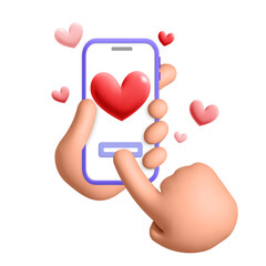 Cartoon render 3d vector human hands hold smartphone and send love heart shape emoji for valentine day template design