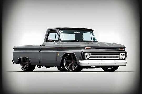 1965 chevy c10 truck dark gray with black racing stripes wide black wheels flat illustration white background 