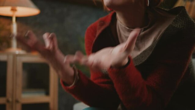 Close-up shot of a complaining mature woman's hand gesturing during marriage counselor therapy