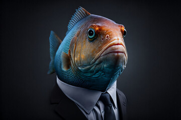 Fototapeta na wymiar Portrait of a Fish dressed in a formal business suit, Generative AI
