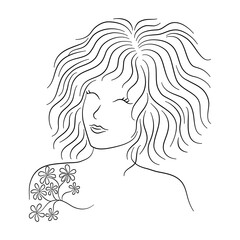 Woman line art, at vintage style design Black pine lines on white background for decorating cards, product design, digital printing, women's day, t-shirt patterns, fabric patterns, mug design and more