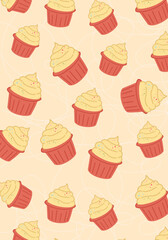 seamless pattern with sweets, cupcake, popsicle, cupcakes on orange, yellow background, candy bar background. Vector poster
