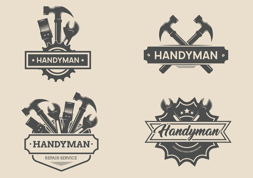Set Of Vintage Carpentry And Mechanic Labels, Emblems And Logo