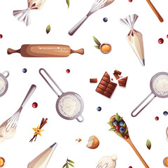 Seamless pattern with rolling pin, flour sieve, piping bag whisk. Baking, bakery shop, cooking, sweet products, dessert, pastry concept. Perfect for product design, scrapbooking, textile.