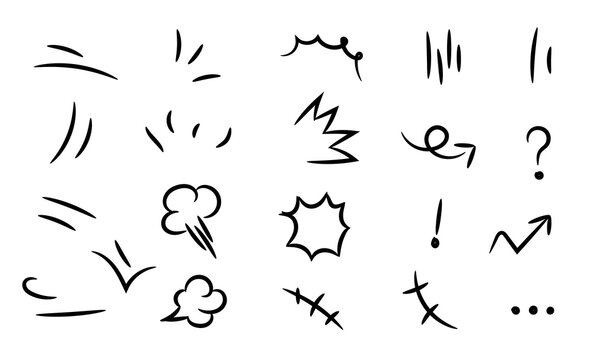 Vector set of hand-drawn cute cartoony expression sign doodle line stroke. movement drawing, curve directional arrows, emoticon effects design elements, cartoon character emotion symbols,