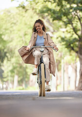 Travel, bicycle and black woman with smile, transport and fitness with cycling, commute and nature....