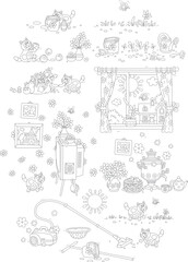 Cartoon set of a funny plump cat and various household things, collection of black and white outline vector illustrations for a coloring book