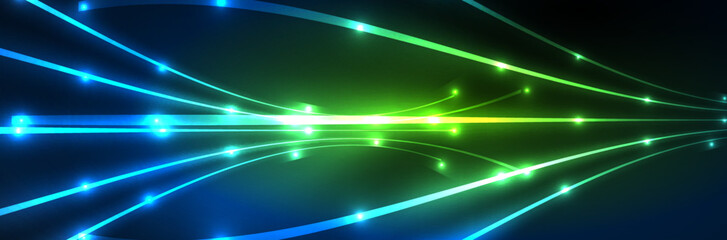 Shiny neon lights, dark abstract background with blurred magic neon light curved lines