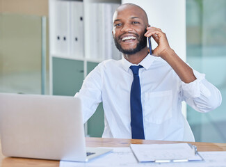 Portrait, phone call and laptop with a business black man talking for a survey or research...