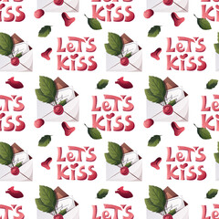 Seamless pattern with lettering, love letter, petals. Happy Valentine's Day, Romance, Love, wedding concept. Perfect for product design, scrapbooking, textile, wrapping paper.