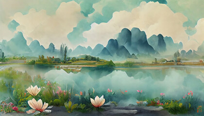 In summer morning, lotus, pond and distant mountain clouds and fog