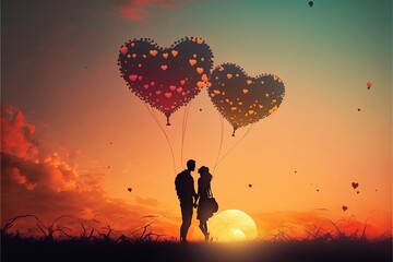 14 February Valentine's Day: A Designed Illustration of Young Couples in the Midst of a Romantic Celebration, Featuring Pink and Red Clouds, Heart-Shaped Balloons,generative ai, and Abstract, Love,Art