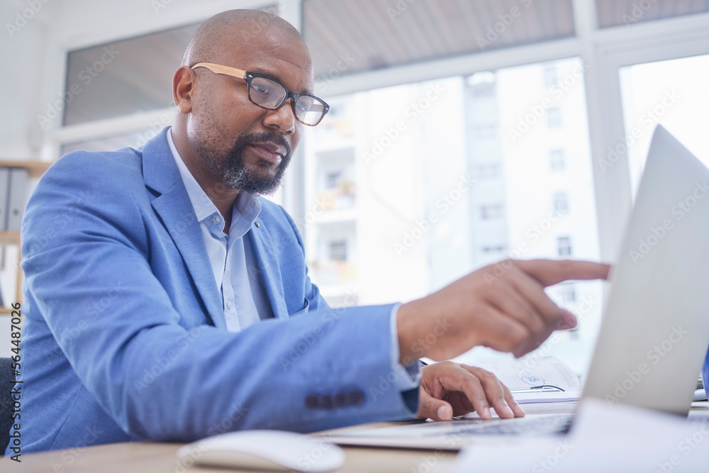 Poster Thinking, black man point and business computer of an accounting website developer with idea. Laptop, working and web design research of a tech employee planning digital innovation project with data