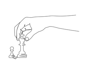 Continuous one line drawing of hand holding chess king and pawn. simple chess king versus pawn on hand  line art vector illustration.