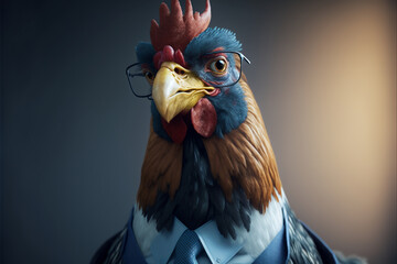 Beautiful portrait of a Eye glasses Hen dressed in a formal business suit, Generative AI