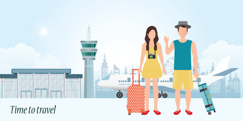 Couple travelers with luggage at the airport background.