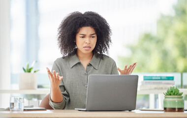 Laptop, glitch and frustrated with a business black woman looking upset or annoyed while working in...