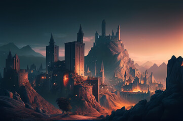 Naklejka premium fantasy sunset over the mediaeval city