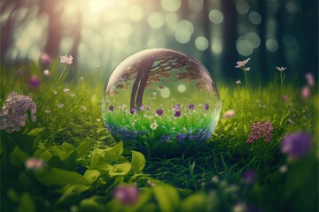 World environment and earth day concept with glass globe and eco friendly environment. Generative AI illustration.