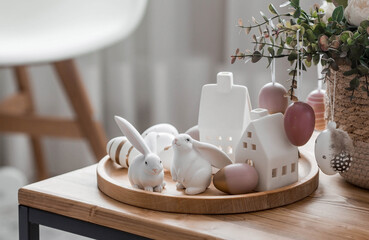 A beautiful postcard. The concept of the Bright Easter holiday. Flowers, rabbits, Easter eggs and Scandinavian white houses on a wooden table in a cozy living room.