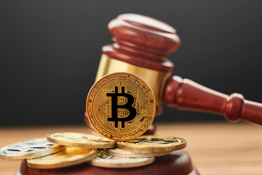 Judge gavel with bitcoin, cryptocurrency