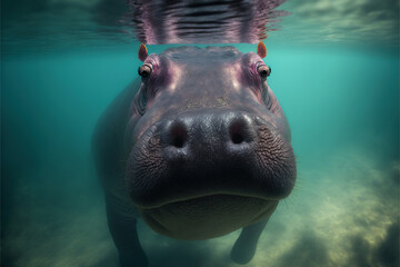 Hippopotamus underwater close-up. Generative AI illustration.