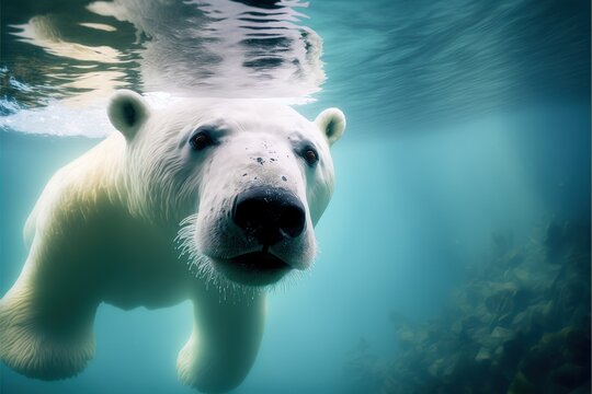 Polar bear underwater close-up. Generative AI illustration.