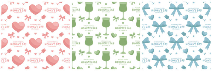 Set of Women Day Seamless Pattern Design with Girl Ornament in Template Hand Drawn Cartoon Flat Illustration