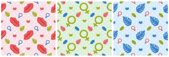 Set of Women Day Seamless Pattern Design with Girl Ornament in Template Hand Drawn Cartoon Flat Illustration