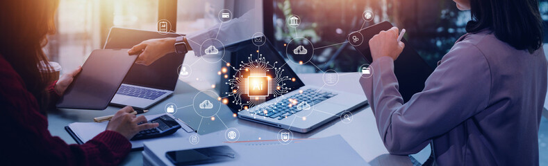 Digital transformation change management, internet of things. new technology bigdata and business process strategy, customer service management, cloud computing, smart industry. Ai technology.