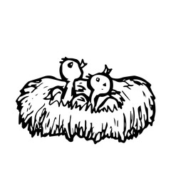Isolated element of nest with hungry chicks, doodles of birds.
