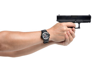 Two-handed holding pistol and aiming isolated on white background. Clipping path.