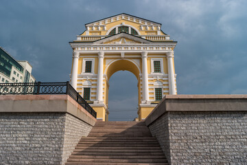 Low point of view on Triumphal Arch Moscow Gates in Irkutsk city, Russia.