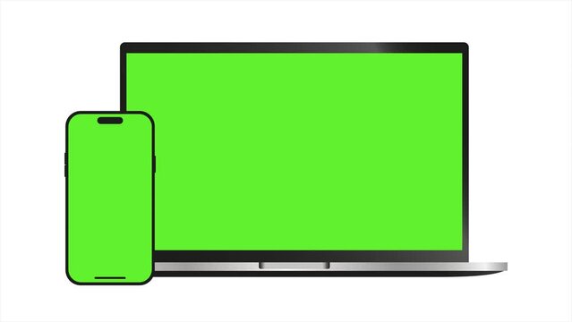 laptop and smartphone green screen isolated on white background video animation, Product Mockup