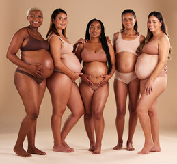 Pregnancy, women and portrait of friends in a studio for diversity, motherhood and prenatal...