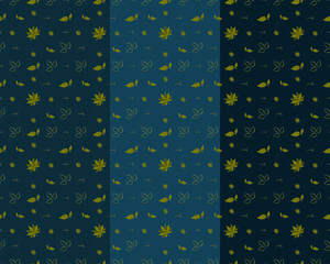 Leafy background seamless pattern with blue background, hand drawn autumn teal color leafy pattern set